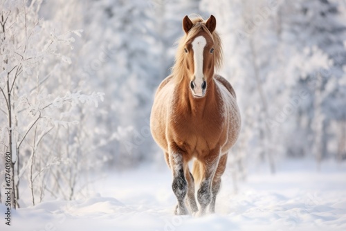 Horse in the snow. A powerful horse standing in a snow-covered forest © Radmila Merkulova