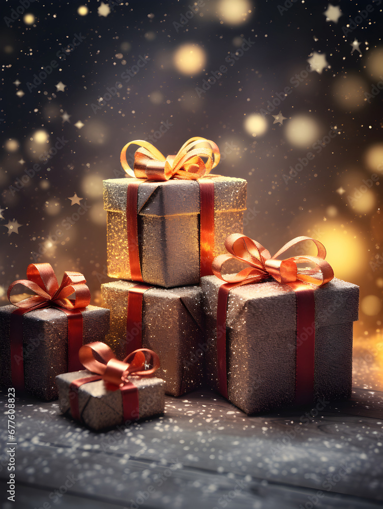Festive illustration of presents with bows. Abstract colourful Christmassy background with glitter in the air. Festive illustration of presents with bows. Abstract colourful Christmassy background with glitter in the air.