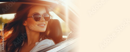Sunglasses for driving banner. Young happy woman in sunglasses smiling and looking out of the car. Driving courses, car rental, rent-a-car web line. Enjoying driving a car at sunset. Copy space photo