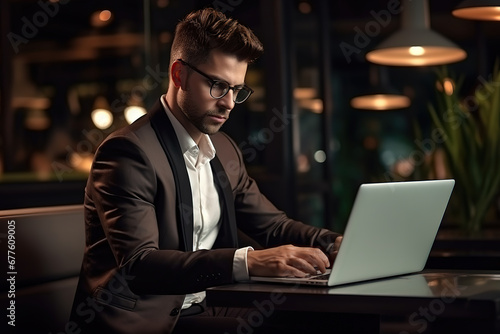 Thoughtful businessman think of online project while looking at laptop at workplace. Professional business man working on consider solution at desk with laptop computer at cafe late at night.