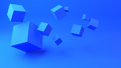 Background with cubes. Geometric pattern. Blue wallpaper. 3d cubes in air. Blue background for advertising. Geometric texture for site. Blue backdrop for designer. Volumetric background. 3d image
