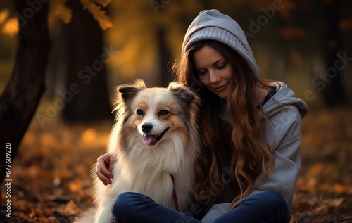Young attractive woman hugging border collie dog in autumn in park. Woman making memories and spending quality time with her dog in park. © Bojan