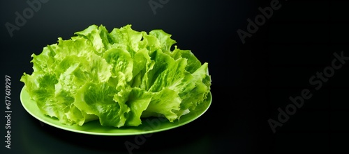 Raw Green Leaf Lettuce on a Plate, side view. Close-up. on black background panoramic empty space