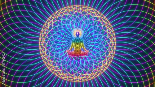 looped 3d animation of a meditating
man in the astral of sacred energies photo