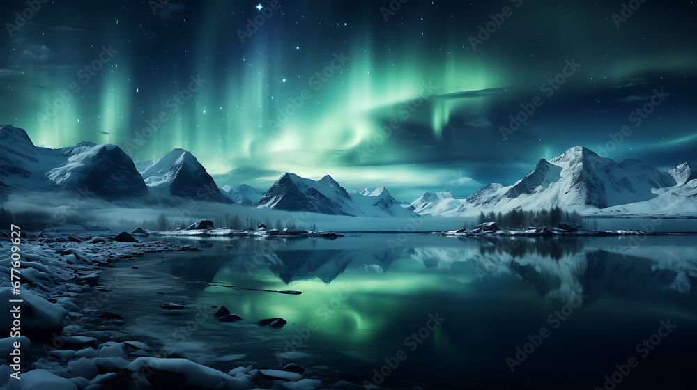 beautiful landscape of aurora in north pole with the lake and snow