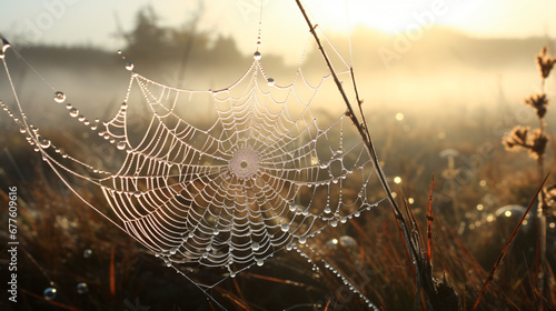 Morning dew on the spider web in the meadow