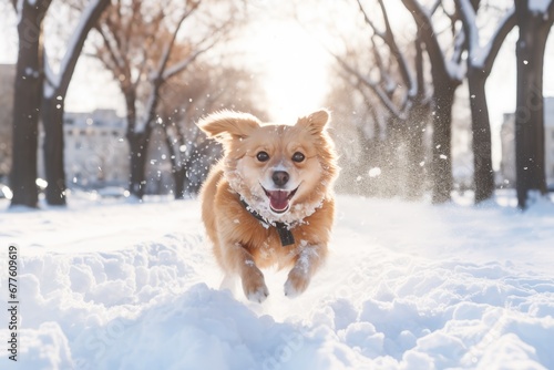 The dog runs in the winter  gleefully reveling in the snow  winter background