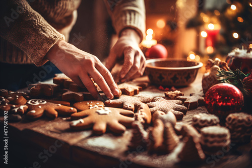 Close up of female hands decorating Christmas gingerbread cookies photo