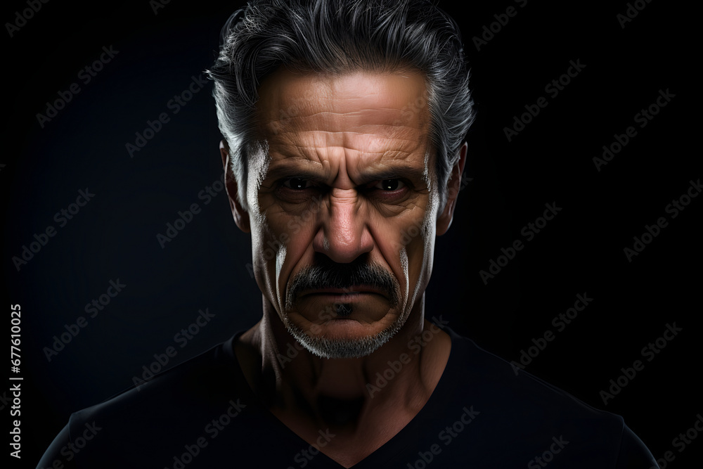 Sulking mature Latin American man, head and shoulders portrait on black background. Neural network generated photorealistic image Sulking mature Latin American man, head and shoulders portrait on black background. Neural network generated photorealistic image