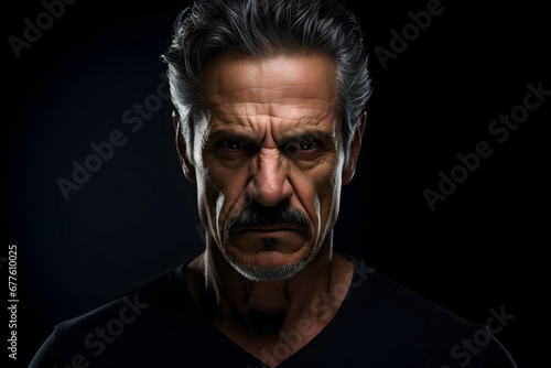 Sulking mature Latin American man, head and shoulders portrait on black background. Neural network generated photorealistic image