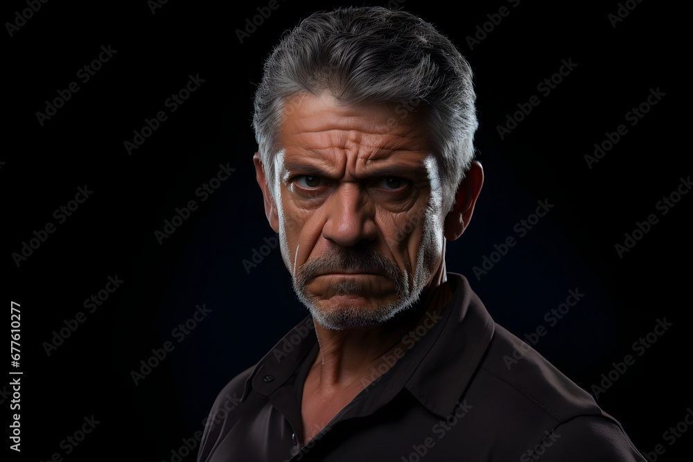 Sulking mature Latin American man, head and shoulders portrait on black background. Neural network generated photorealistic image Sulking mature Latin American man, head and shoulders portrait on black background. Neural network generated photorealistic image