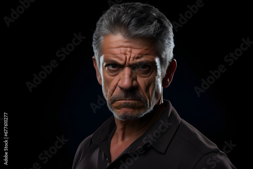 Sulking mature Latin American man, head and shoulders portrait on black background. Neural network generated photorealistic image