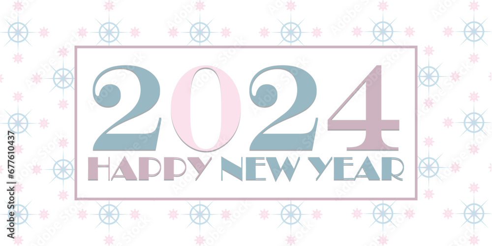 2024 Happy New Year Winter Banner with Snow Flakes Pattern in Pink Blue Purple Colors Vector Illustration