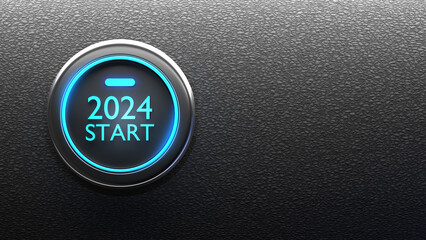 2024 start button. New year is approaching. Beginning of Christmas holidays. Technology logo 2024. New year holidays. Start of 2024 celebration. New year minimalistic background. 3d image