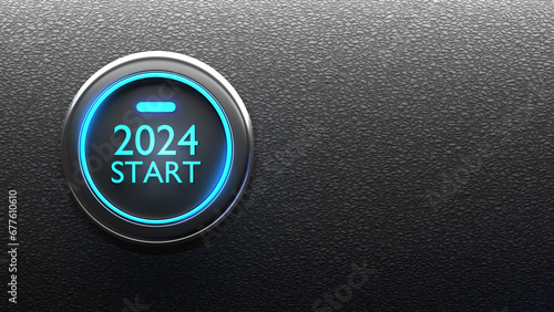2024 start button. New year is approaching. Beginning of Christmas holidays. Technology logo 2024. New year holidays. Start of 2024 celebration. New year minimalistic background. 3d image