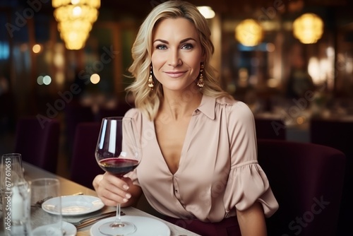 Date. Middle aged Caucasian woman on date in an expensive restaurant. She holds a glass of red wine and looking at you. A romantic moment at a restaurant. Smiling woman looking at camera.
