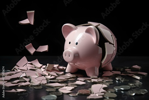 Geldsorgen in Scherben: Zertrümmertes Sparschwein als Symbol für finanzielle Not photo