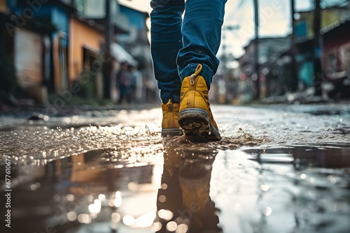 Resilient Stride: Walking Through Wet and Muddy Streets After Flooding photo