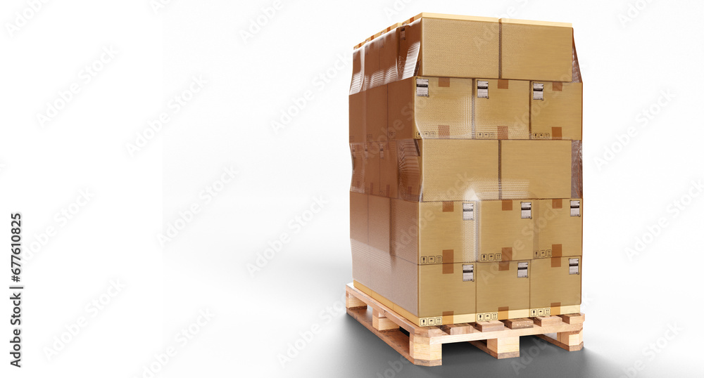 custom made wallpaper toronto digitalPallet with cardboard boxes. Europallet with parcels wrapped in transparent film. Boxes are ready for transportation or storage. Pallet with courier parcels on ground. Europallet on white. 3d image