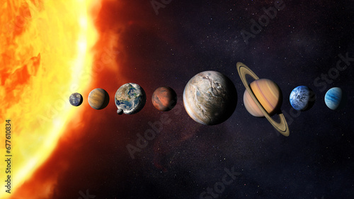 Solar system planets with big sun and stars. Elements of this image furnished by NASA.