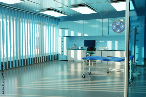 Hospital interior. Surgeon office. Private clinic with couch for examining patients. Doctor office with computer and many cabinets. Hospital room with blinds on windows. Medicine healthcare. 3d image photo