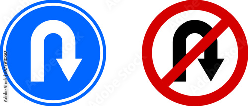 U Turn Go Back or U Turn Not Allowed Forbidden Arrow Traffic Sign Icon Set. Vector Image.