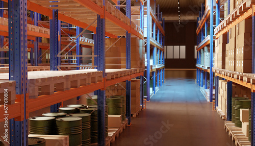 Industrial storage. Pallet racks with barrels and boxes. Industrial warehouse. Storage location in factory building. Warehouse hangar in evening. Concept for selling warehouse furniture. 3d image
