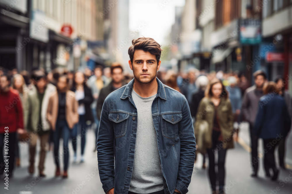 Man traveler walking on crowded streets. Young commuter going to work in a big city. Man traveler walking on crowded streets. Young commuter going to work in a big city.