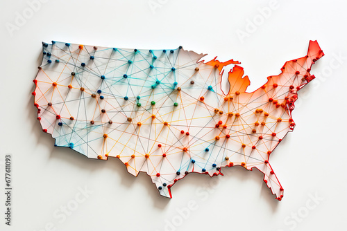 Map of the united states connected by threads and thumbtacks