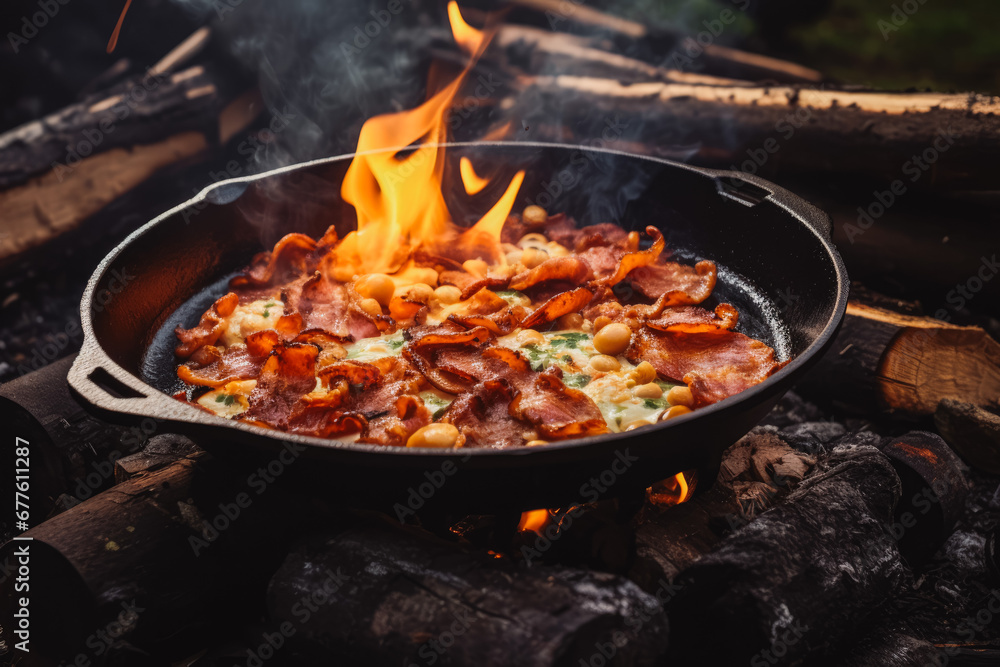 Rustic Campfire Breakfast Bacon and Eggs in Cast Iron. Campfire breakfast of eggs, bacon and potatoes. Rustic Campfire Breakfast Bacon and Eggs in Cast Iron. Campfire breakfast of eggs, bacon and potatoes.