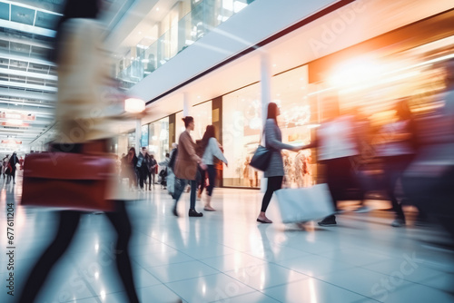 Blurred background of modern shopping mall with some shoppers. Shoppers walking at shopping center, motion blur. Blurred shoppers with shopping bags © VisualProduction