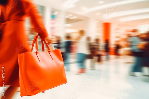 Woman in red dress rushing in shopping mall with bags on black friday to catch huge discounts. Shopping center people motion blur concept.