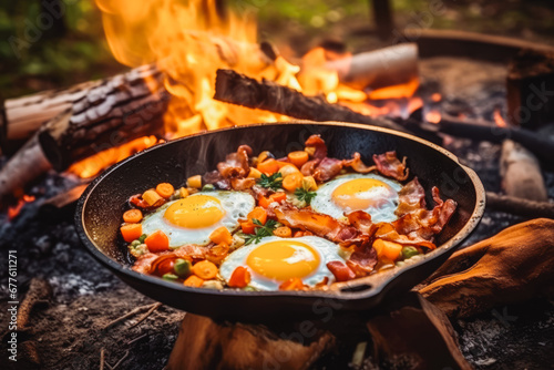 Rustic Campfire Breakfast Bacon and Eggs in Cast Iron. Campfire breakfast of eggs, bacon and potatoes.