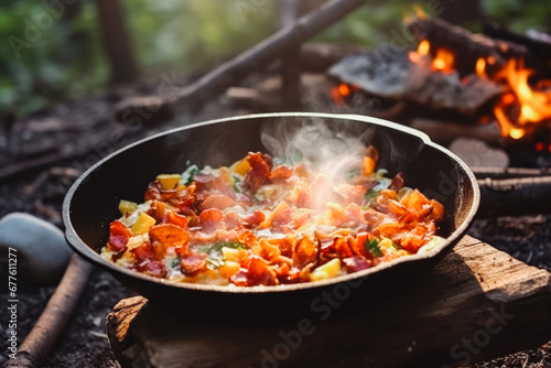 Rustic Campfire Breakfast Bacon and Eggs in Cast Iron. Campfire breakfast of eggs, bacon and potatoes.