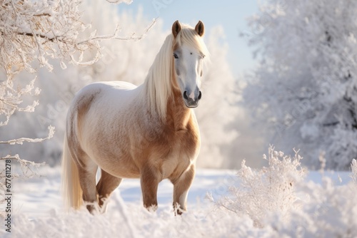 A beautiful horse stands in a snowy forest  winter background