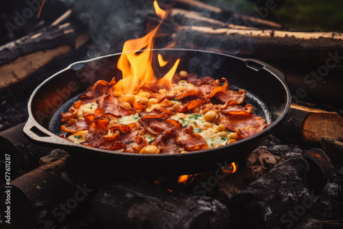 Rustic Campfire Breakfast Bacon and Eggs in Cast Iron. Campfire breakfast of eggs  bacon and potatoes.