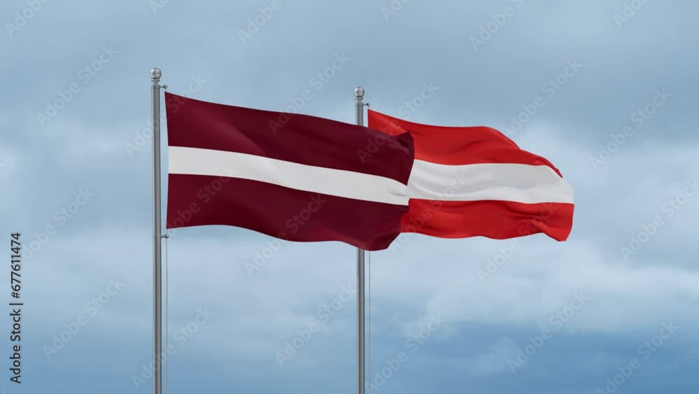 Austria flag and Latvia flag waving together on cloudy sky, endless seamless loop, two country relations concept Austria flag and Latvia flag waving together on cloudy sky, endless seamless loop, two country relations concept