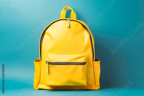 School backpack with books on blue background with space for text. Going to school concept photo.