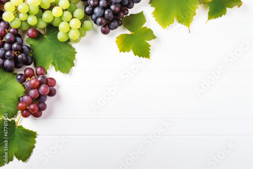 Bunch of ripe red and green grape with leaves on white wooden background top view. Background concept with copy space.