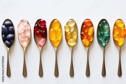 A set of spoons with various vitamins, tablets lie in a row on a white background. Generated by artificial intelligence
