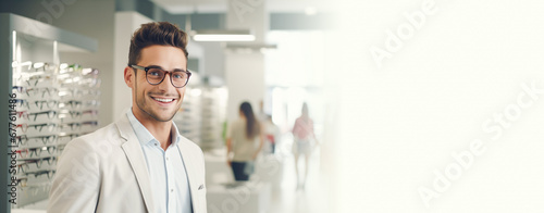 Glasses sale banner. Optic store sale-out offer. Happy young man buying glasses at optics store web line. Copy space for text. For banner, web line. Optic store discount, promotion, sale. Optometrist