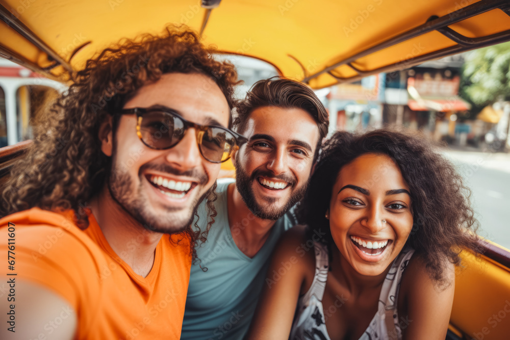 Portrait of Diverse friends having fun together doing selfie outdoor on travel trip. Ethnic diversity, caucasian, asian, black, afro american, latin