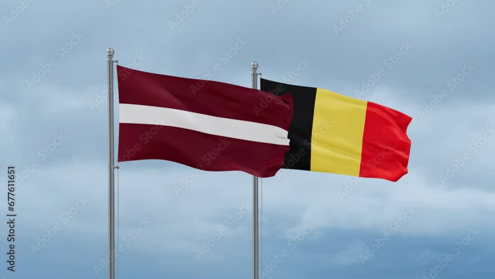 Belgium flag and Latvia flag waving together on cloudy sky, endless seamless loop, two country relations concept Belgium flag and Latvia flag waving together on cloudy sky, endless seamless loop, two country relations concept
