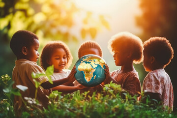 International day of peace concept. African Children holding globe. Charity food, medicals and water for africa