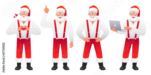 Santa Claus in a red hat, white shirt and pants with suspenders. Gray-haired Santa is standing with a laptop, pointing at something, dissatisfied with his hands on his sides, in love.
