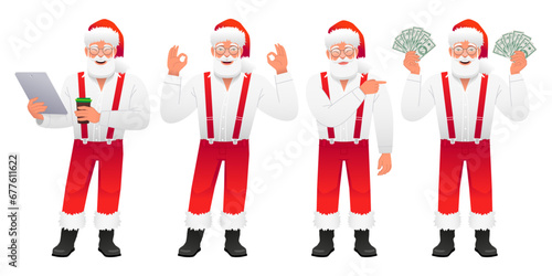 Collection of happy Santa Claus. A beautiful Santa with a tablet and a glass of coffee, shows the OK gesture, points to something, with a bunch of cash dollars in his hands.