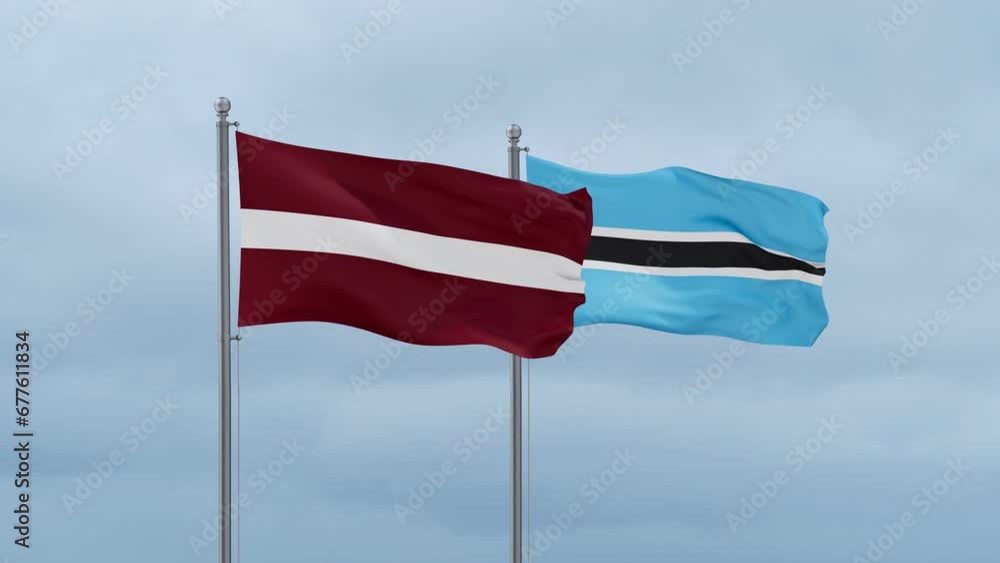 Botswana flag and Latvia flag waving together on cloudy sky, endless seamless loop, two country relations concept Botswana flag and Latvia flag waving together on cloudy sky, endless seamless loop, two country relations concept