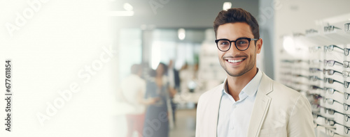 Eyeglasses sale banner. Young handsome man trying on new glasses in optics store. Eyecare. Happy customer buying spectacles. Copy space. Glasses sale banner. Optic store discount, promotion web line