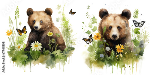 Watercolor illustration of a little bear surrounded by grass, ferns flowers and butterflies. delicate and peaceful spring nature scene isolated on transparent background