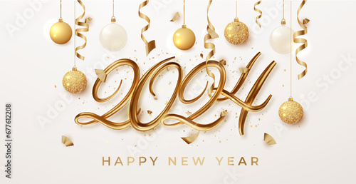 2024 gold numbers adorned with hanging balls. Christmas and New Year banner adds a touch of winter holiday magic to your decorations.